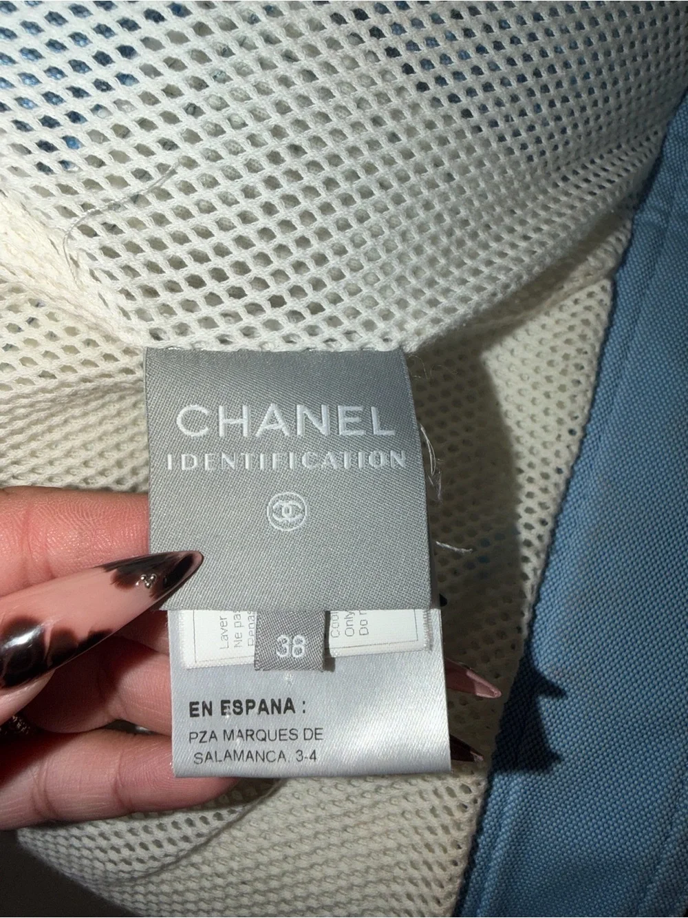 CHANEL Light Blue Leather Biker Jacket with Red Logo Patches